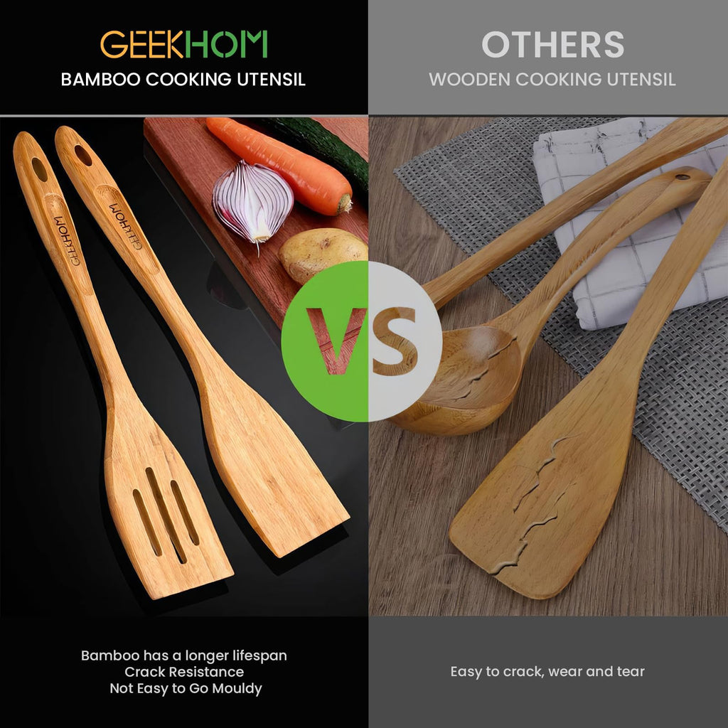 GEEKHOM Slotted Wooden Spurtle Bamboo Turners: 13 Inch Long Handle for Sourdough Starter, Mixing Reaching Jar Bottom, Nonstick Cookware 2 Pack