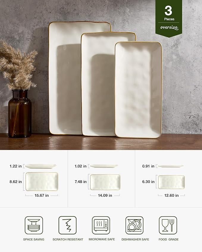 Famiware Serving Platters Set of 3 Sizes - Rectangular, Vanilla White
