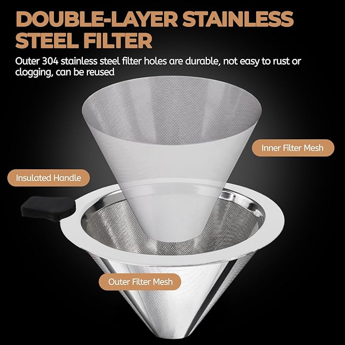 Mogrecha Pour Over Coffee Maker 600ml with 304 Stainless Steel Filter Wooden Collar Holder Borosilicate Glass Drip Coffeemaker Server Set Clear Hand Brew Dripper Carafe for Home Camping Travel 20.3oz