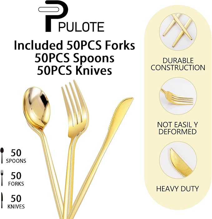 PULOTE 150PCS Gold Plastic Silverware Disposable - Heavy Duty Gold Plastic Cutlery - Gold Plastic Utensils Set Include 50 Knives,50 Forks,50 Spoons for Party&Wedding