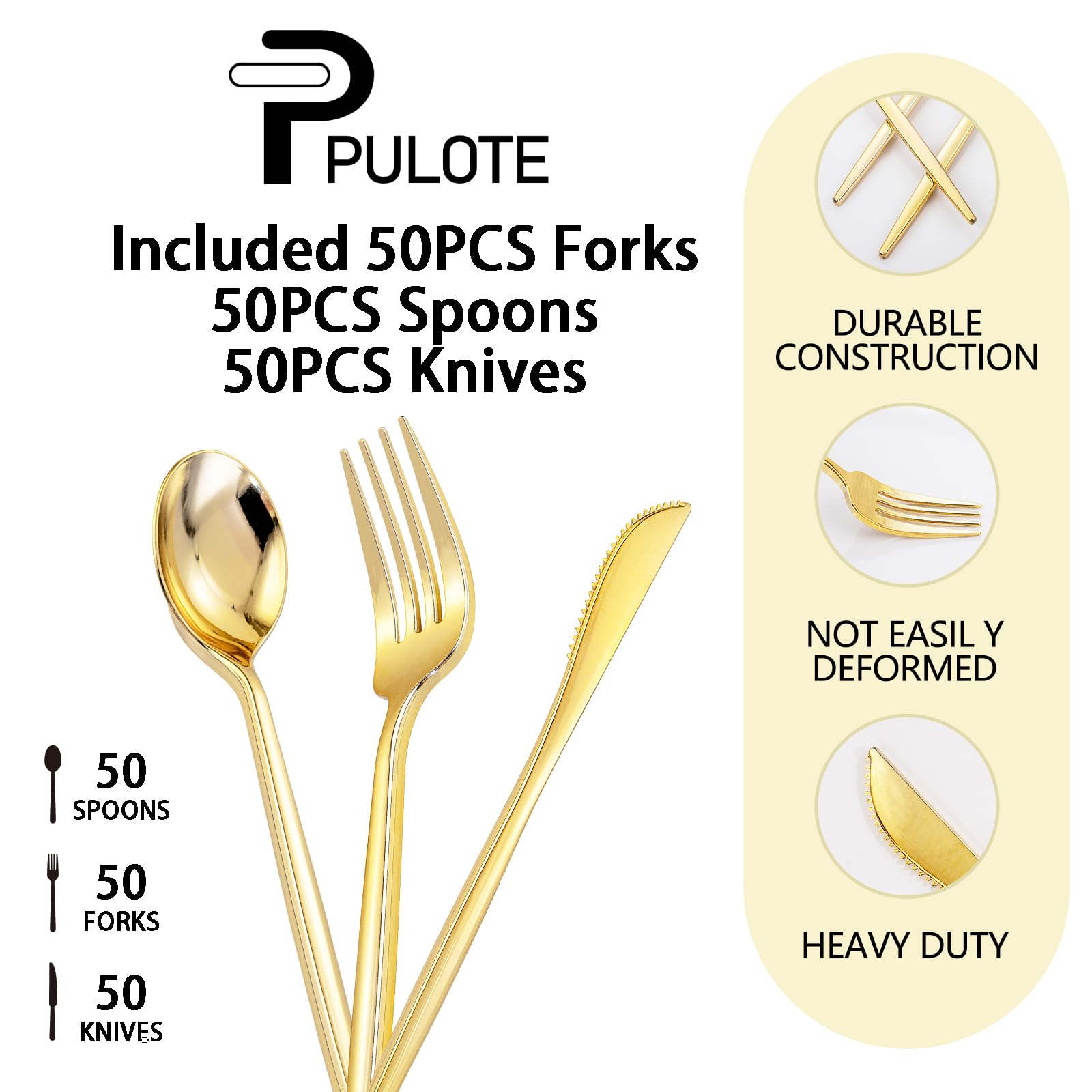 PULOTE 150PCS Gold Plastic Silverware Disposable - Heavy Duty Gold Plastic Cutlery - Gold Plastic Utensils Set Include 50 Knives,50 Forks,50 Spoons for Party&Wedding