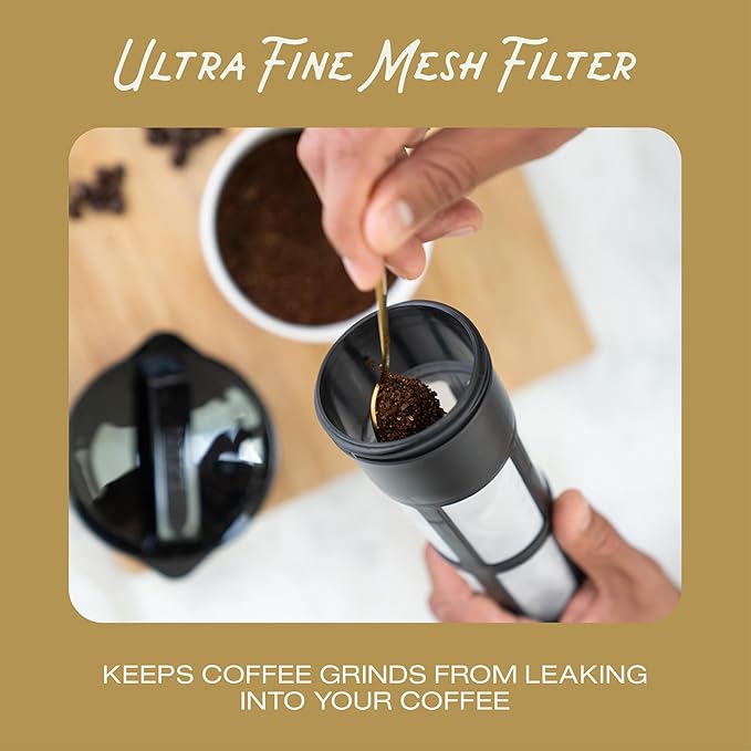 Takeya Deluxe Cold Brew Coffee Maker - BPA-Free Tritan Pitcher with Airtight Leakproof Lid, Silicone Grip Handle, Fine-Mesh Filter - Shatter-Proof, Dishwasher Safe, Made in USA - 1 Quart/Black