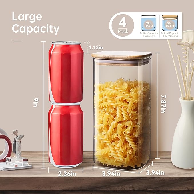 53 oz Square Glass Food Storage Containers with Airtight Bamboo Lids, 4Pack