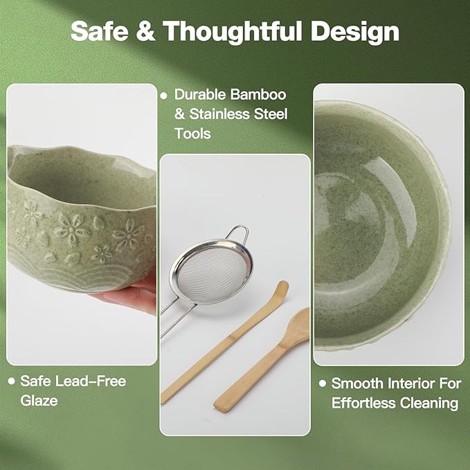VENSEEN Matcha Whisk Set with Japanese Ceramic Bowl & Whisk, 8-Piece