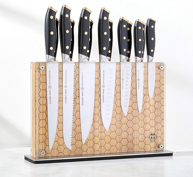 Schmidt Brothers - Honeycomb (Acacia Hex) Downtown Magnetic Knife Block, Acacia Hardwood and Acrylic Shield, Universal Cutlery Storage For 16-18 Knives