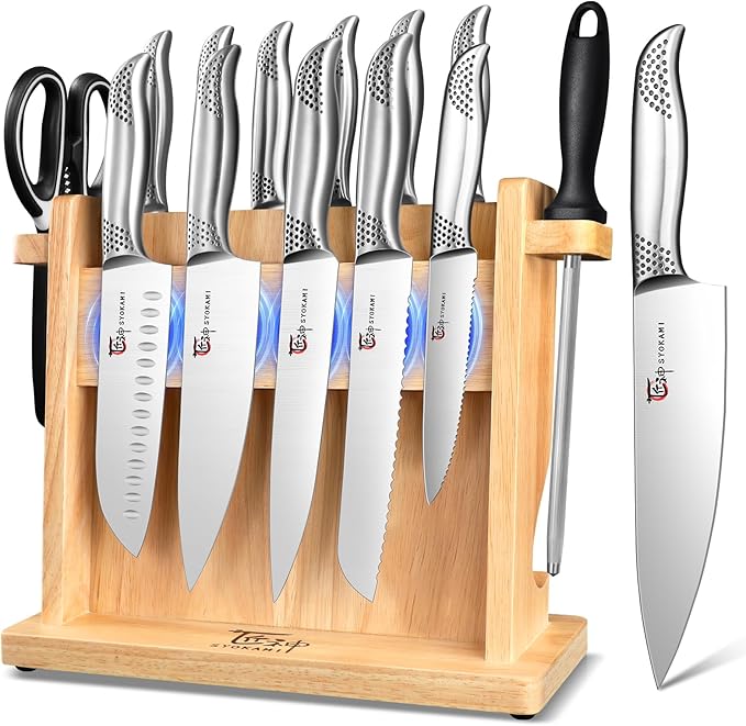 SYOKAMI Japanese Knives Set for Kitchen, Magnetic Knife Set with Block and Sharpener, Stainless Steel Knife Set as Gift for Couple, Wedding, Women or Mom with Gift Box, 14 PCS Black Dot
