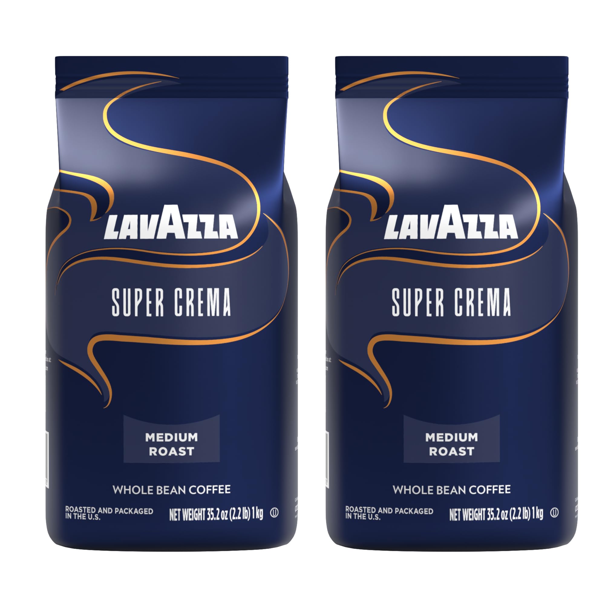 Lavazza Super Crema Whole Bean Coffee, Medium Espresso Roast, Arabica and Robusta Blend, 2.2 lb Bag (Pack of 2)