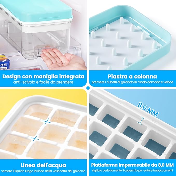 PHINOX Ice Cube Tray with Lid and Bin, Easy Release 28 Cubes for Freezer