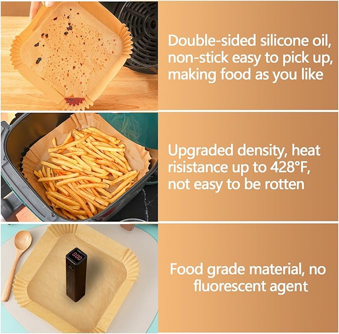 8.5 Inch Air Fryer Liners Disposable, 150PCS Non-Stick Air Fryer Liners, Oil-Proof & High-Temperature Resistant Square Baking Paper for Air Fryer, Microwave, Oven（Bottom Is 7 Inch）