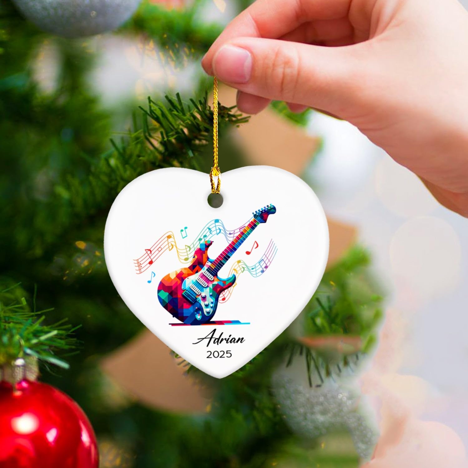Electric Guitar Xmas Tree Ceramic Ornament 2026, Personalized Electric Guitar Lovers Ornaments Keepsake, Guitarist Ceramic Ornament Christmas, Custom Name & Year Musical Instrument Player Ornaments