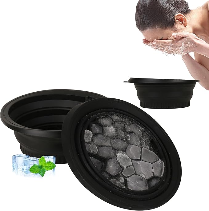 MGUOXA Face Bowl for Ice with Built-In Ice Tray,Ice Bath Collapsible Silicone Bowl,Facial Plunge Bowl, for Face Cooling Portable Spa Tool for Home & Travel （Black）