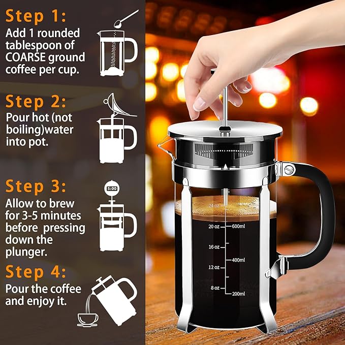 YMMIND French Press Coffee Maker 304 Stainless Steel Coffee Press,with 4 Filters System, Heat Resistant Thickness Borosilicate French Press Glass, BPA-Free Brewed Tea Pot Coffee Plunger