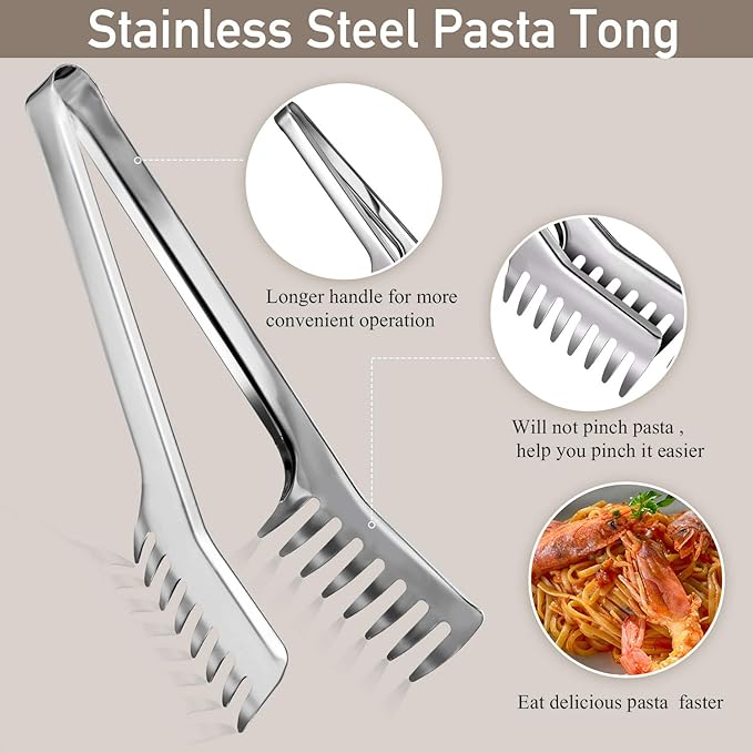 Patelai Stainless Steel Spaghetti Spoon and Pasta Tongs Set, Long Handle Noodle Server Tools with Drain Holes, Non-slip Grip for Cooking, Serving Pasta and Noodles(Sliver)