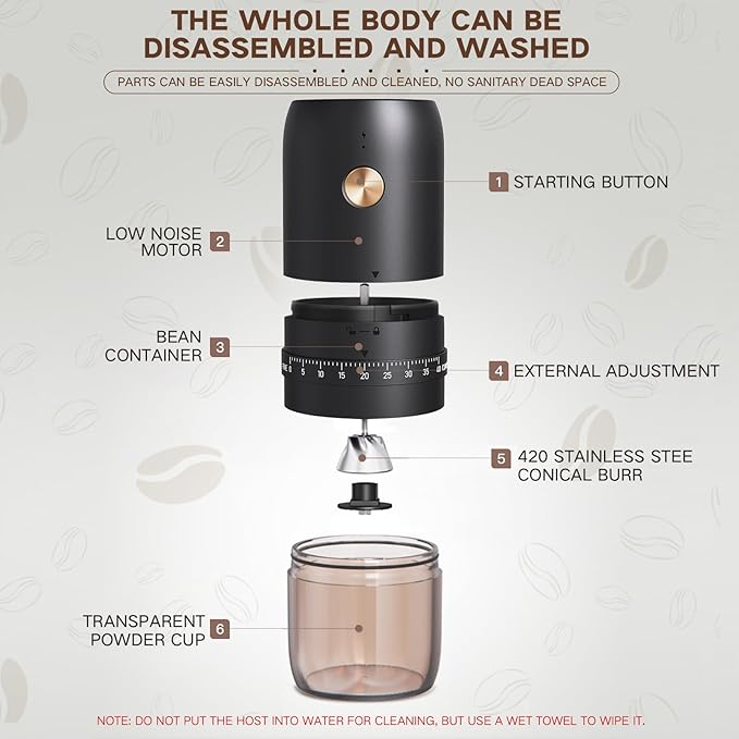 Portable Electric Coffee Grinder, 40 Settings, Conical Burr, USB-C, Black