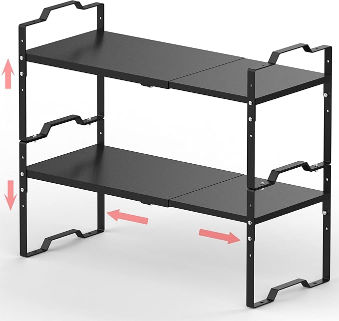 Jojocross Expandable Shelf for Cabinet Organizer Adjustable Stackable Spice Rack at Kitchen and Bathroom more, Counter Countertop Cupboard Organization Pantry Storage(MEDIUM/2PACKS/BLACK)