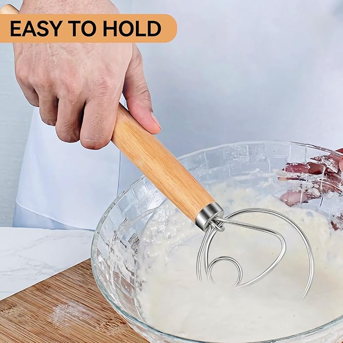 TEEVEA Danish Dough Whisk Wooden Handle Stainless Steel for Sourdough Bread