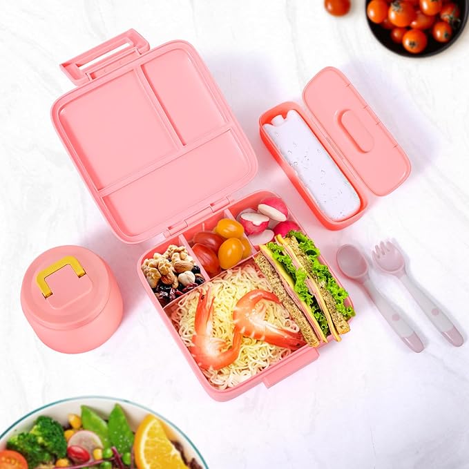 JXXM Bento Lunch Box for Kids With 8oz Soup Thermo,Leak-proof Lunch Containers with 5 Compartment,Thermo Food Jar and Lunch Bag, Food Containers for School (A-Pink（Unicorn - Mermaid）)