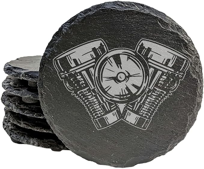 Engraved V-Twin Motorcycle Engine Coasters Set of 5 – Round – USA Made