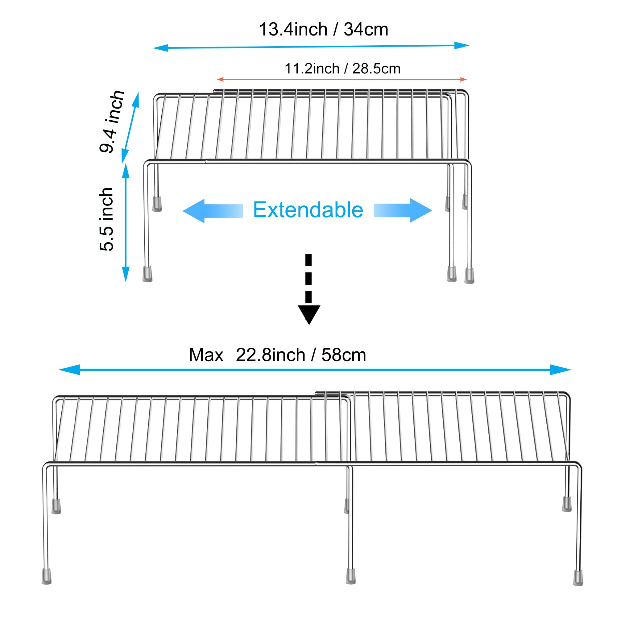 iPEGTOP Expandable Kitchen Cupboard Organiser, 2-Piece Adjustable Freezer Cabinet Storage Wire Shelf Rack Rustproof Metal Shelves Space Saver for Countertop Pantry Drawer Utensils