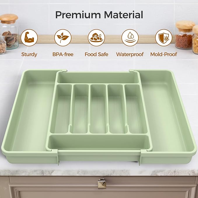 ukeetap Extra Large Expandable Silverware Organizer, Flatware Tray, Green