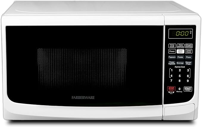 Farberware 0.7 Cu. Ft. Countertop Microwave Oven – 700 Watts Power, Auto Cook Settings, Defrost, Easy Clean and Child Safety Lock - White