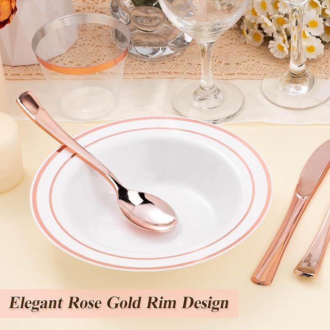 BESTSTAR 100 Pack Disposable Soup Bowls with Rose Gold Rim
