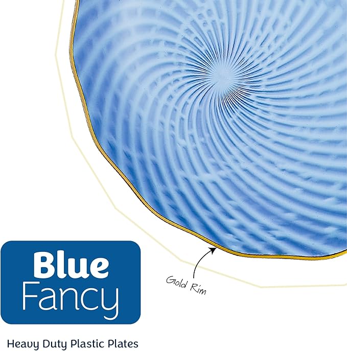 PLASTICPRO 30 Pack Plastic Plates Set of 15-10 inch Plate and 15-7 inch Plates, Elegant Clear Blue Spiral and Gold Rim Disposable Fancy Plate Premium Heavyweight