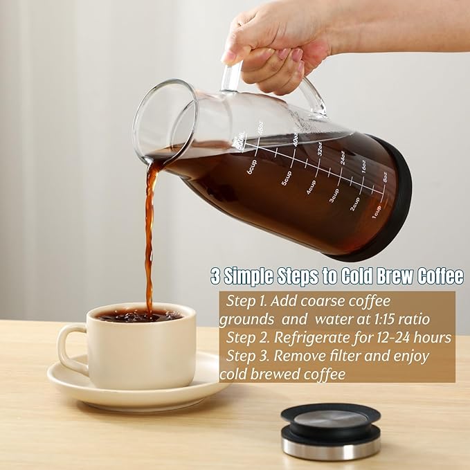 CHDEXU Airtight Cold Brew Coffee Maker Pitcher 51oz, Glass Iced Coffee Maker Pitcher with Removable Stainless Steel Filter and Non-Slip Base, 1.5L Iced Tea Maker