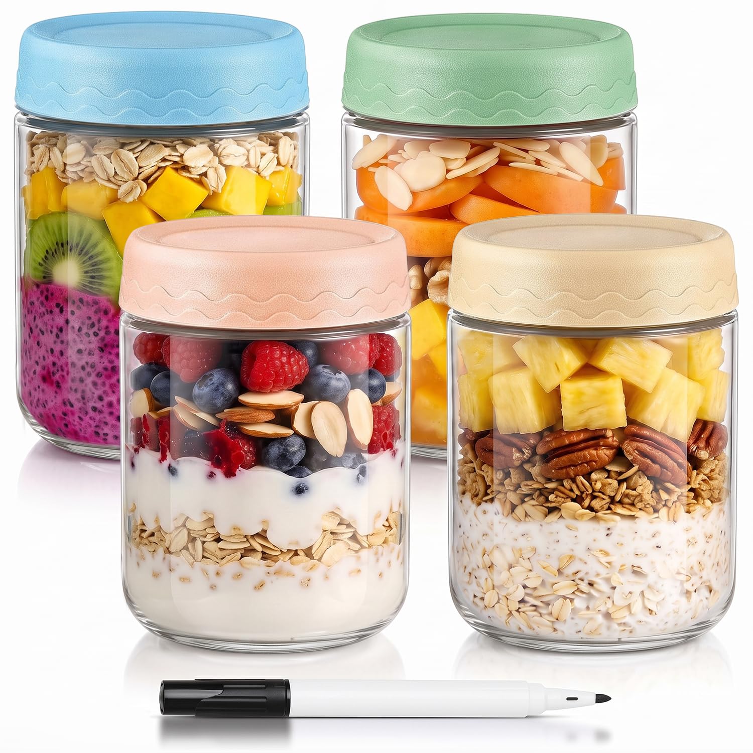 DRKIO 16 Oz Glass Overnight Oats Containers with Lids Chia Pudding Jars
