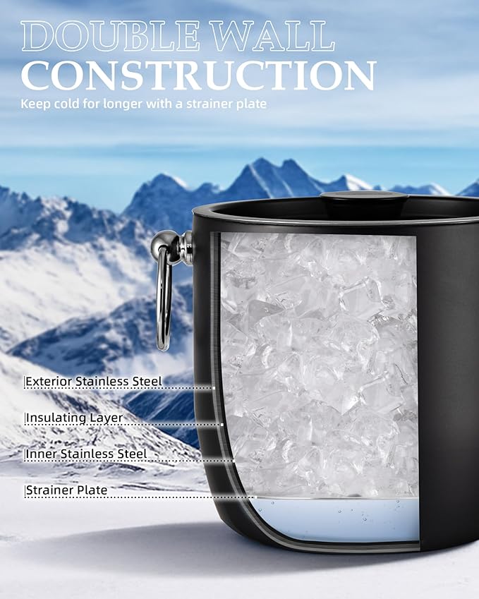 Golden Cudgel Insulated Ice Bucket, 3L Double Wall Stainless Steel Ice Bucket with Tongs,Lid, Scoop and Strainer, Ice Buckets for Parties,Cocktail Bars, Chilling Beer, Champagne, Wine Bottles