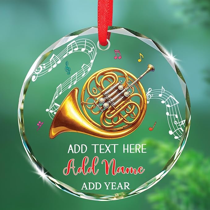 Musical Instrument Glass Ornament Christmas 2026, Personalized French Horn Player Xmas Ornaments, French Horn Glass Ornament Gifts for Musician, Custom Text & Name Instrument Lover Christmas Keepsake
