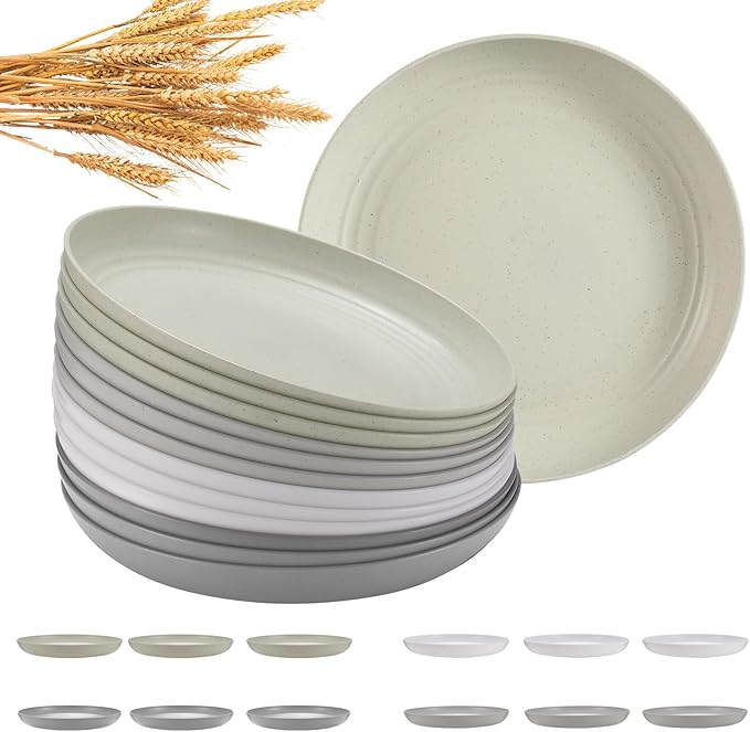 HEYCOME 12 Pcs Unbreakable Deep Dinner Plates Set, 10 inch Reusable Plastic Wheat Straw Plates, Microwave and Dishwasher Safe Plate for Kitchen, Lightweight Plate for Dessert, BPA Free, 4 Colors