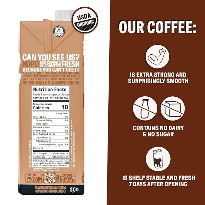 Wandering Bear Straight Black Organic Cold Brew Coffee - Extra Strong, Bold, Smooth, Unsweetened, Shelf-Stable, Ready to Drink & Vegan, 100% Organic Iced Cold Brewed Coffee Drink - 32 fl oz, 3 pack