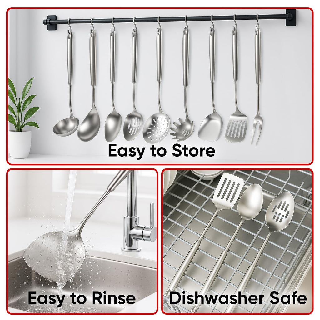 Newness 9 Pcs Cooking Utensils Set, 304 Stainless Steel Kitchen Utensils Set, Metal Kitchen Accessories, Include Soup Ladle, Slotted Skimmer Spoon, Spaghetti Spoon and Spatula, Dishwasher Safe