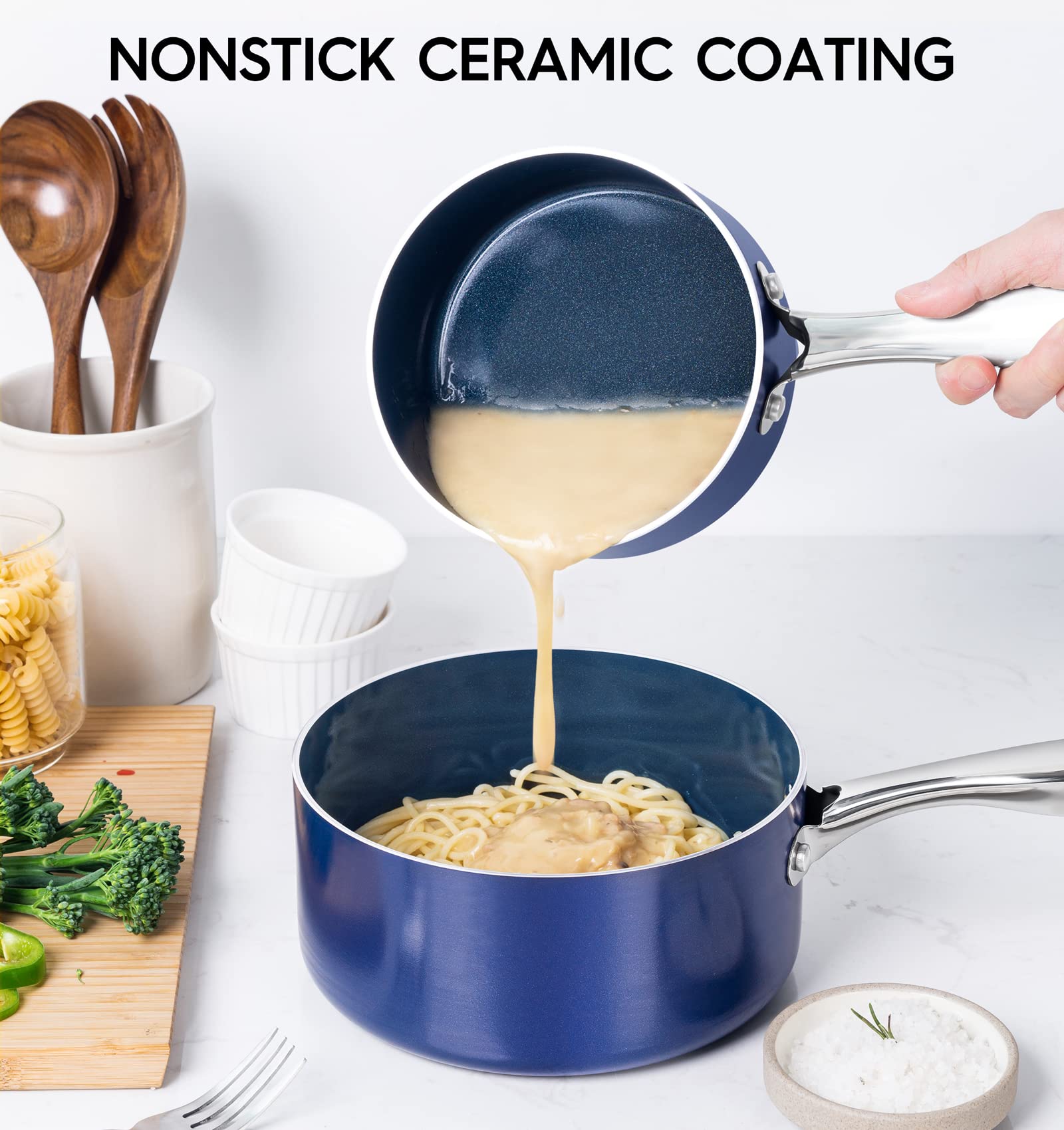 MICHELANGELO 4 Quart Saucepan with Lid, Nonstick Ceramic Sauce Pan with Stainless Steel Handle, 4 Qt Saucepan with Lid Induction Compatible, Oven Safe, Blue