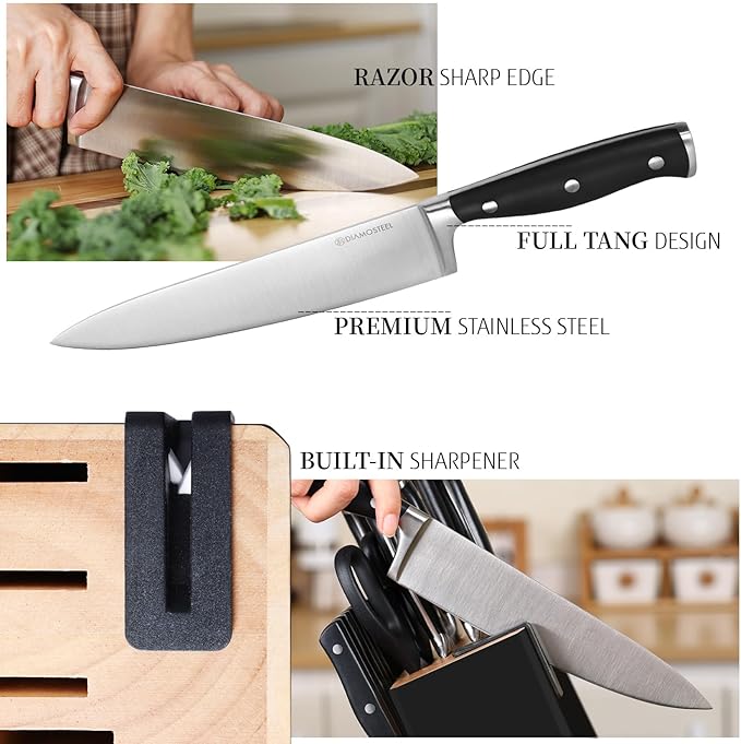 Black Knife Set with Block, 15Pcs Knife Block Set with Built-in Sharpener