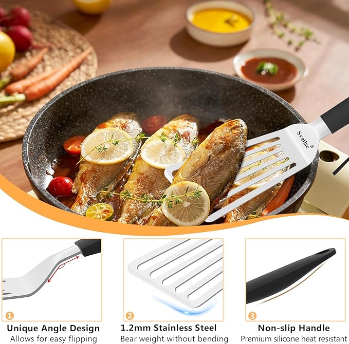 Svailse Stainless Steel Fish Spatula, 13.3 inch Metal Spatulas with Silicone Handle, Slotted Turner for Cooking, Grilling, Flipping, Egg, Cookie, Pancake and Burger (Large)