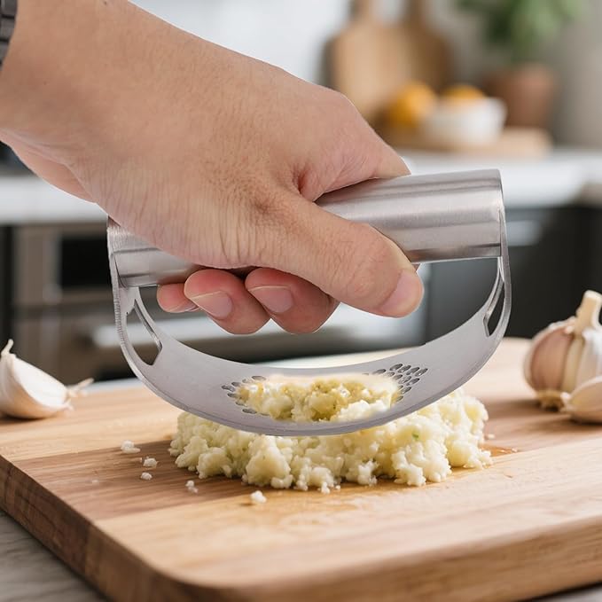 Stainless Steel Hand Garlic Rocker Presser Set, Garlic Press Smasher with Plastic Peeler Roller and Brush Ginger Crusher Mincer Cutter Supplies for Kitchen Dicer Chopper Grater Gadgets