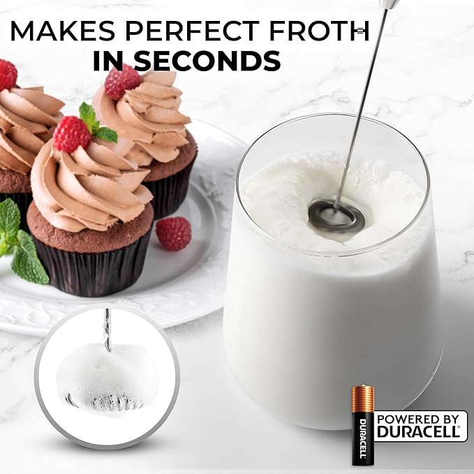 Zulay Kitchen Powerful Milk Frother Wand With Duracell Batteries - Ultra Fast Handheld Drink Mixer - Electric Whisk Foam Maker for Coffee, Lattes, Cappuccino & Matcha - Z1 Motor - White & Rose Gold