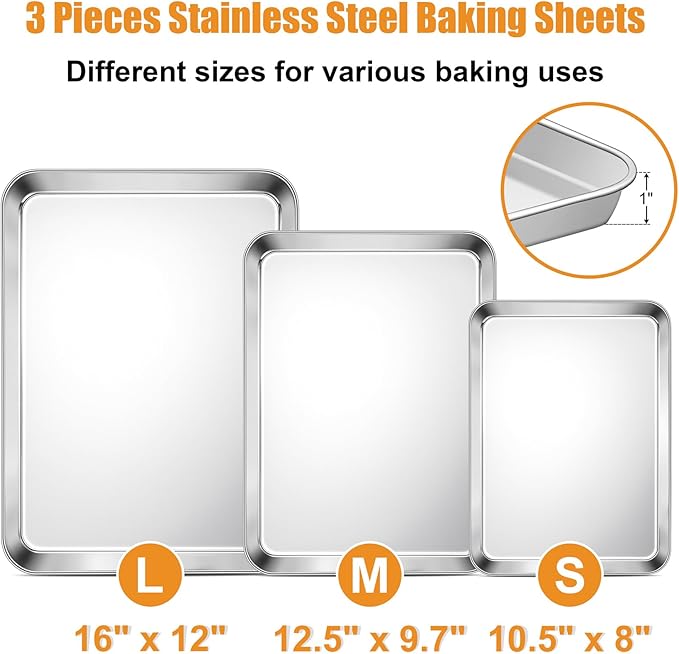 TeamFar Baking Sheet, Cookie Sheets Baking Pans Set of 3, 16/12.5/10.5 Inch