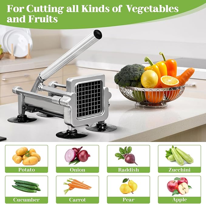 KSIFJRTO Commercial French Fry Cutter, Heavy Duty Potato Slicer with 3/8 and 1/4Inch Blade, Stainless Steel Potato ChopperFrench Fries Cutter with Suction Feet,