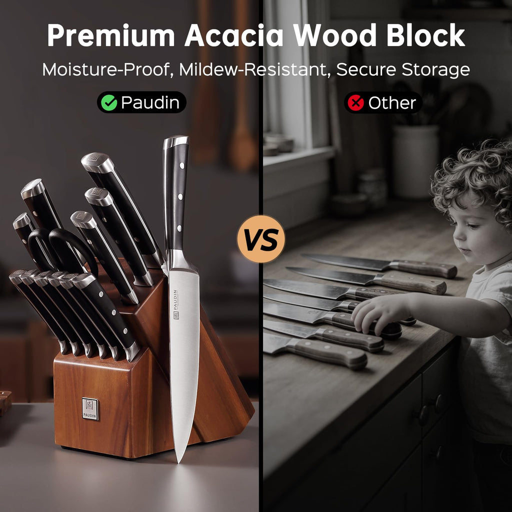 PAUDIN Knife Block Set, 15 Pieces Knife Set with Block, High Carbon Stainless Steel Kitchen Knife Set with Sharpener, Knives Set for Kitchen with Full Tang Triple Rivet Handle