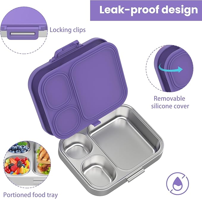 Pawtong Stainless Steel Bento Lunch Box for Kids | 3-Compartment Lunch Box Container Kids | 100% Leakproof, Eco-Friendly, Perfect Portion Control for Kids&Adult Healthy Meals (Purple)