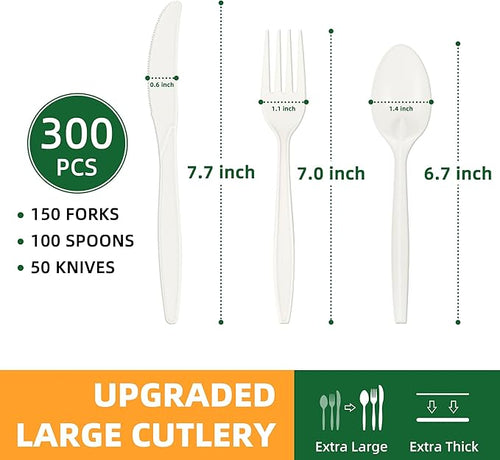 100% Compostable Cutlery Set, Disposable Cornstarch Utensils Heavy Duty BPI Certified Eco-Friendly Party Supplies No Plastic-300pcs (150 Forks,100 Spoons,50 Knives)
