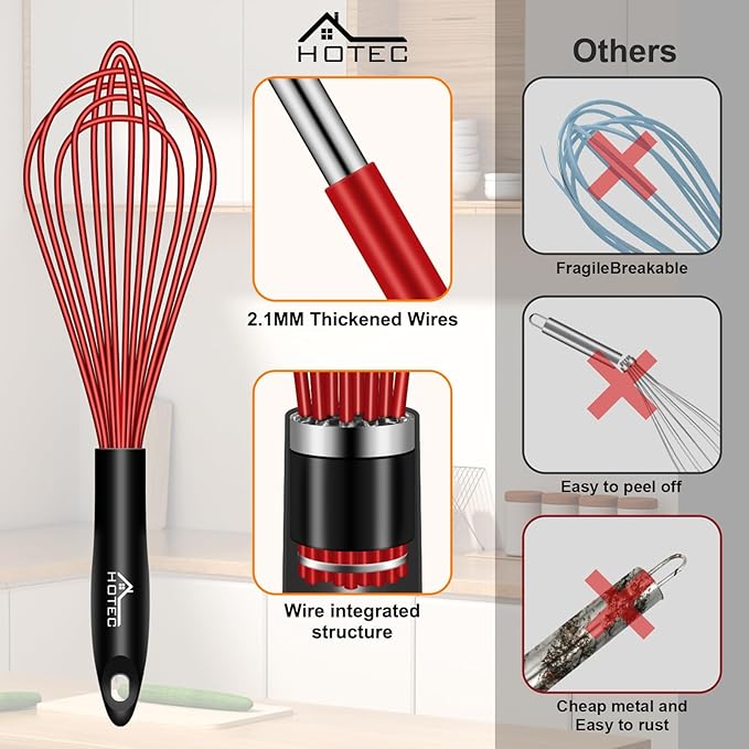 HOTEC 4 Pieces Silicone Whisks Set, Wire Balloon Whisks for cooking Egg Beater, Non-slip Handle Whisk for Non-stick Cookware Perfect for Cooking, Stirring, Beating and Blending,Multicolor