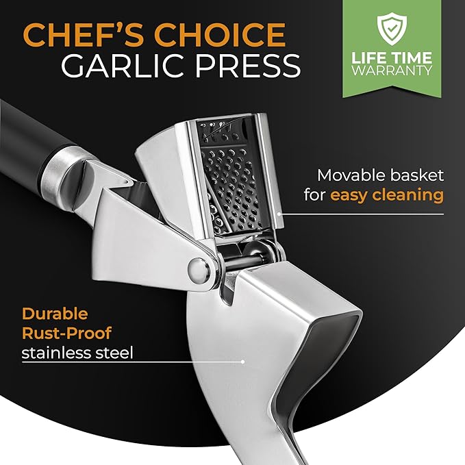 ORBLUE Garlic Press and Peeler Set, Stainless Steel - Professional Grade Mincer, Crusher - Dishwasher Safe & Rust-proof, Black