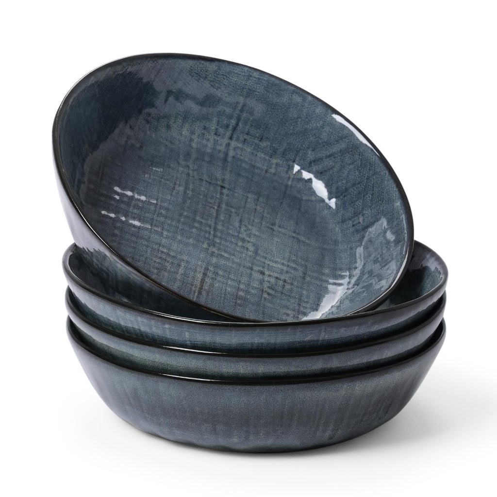 famiware Moonlight 8.5 Inch Pasta Bowls Set of 4, 32oz Serving Bowls for Kitchen, Soup Bowl with Linen Finish, Large Stoneware Bowls for Festivals, Housewarming, Dinnerware, Dark Blue