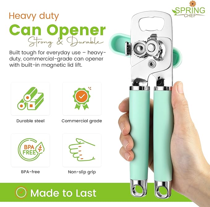 Spring Chef Stainless Steel Manual Can Opener with Soft Grip Handles, Mint