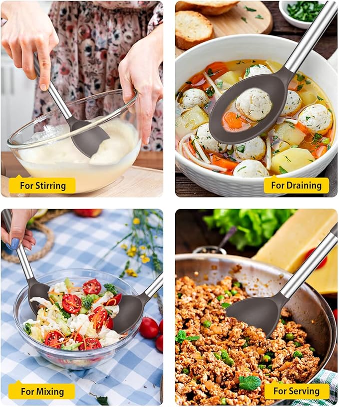 BUNDLEPRO Silicone Cooking Spoons for Non Stick Cookware, 2 Pack, Chocolate