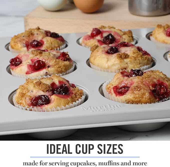 Martha Stewart Gallen 12 Cup Nonstick Carbon Steel Muffin and Cupcake Pan – Cool Grey, Durable Bakeware for Even Baking and Easy Release